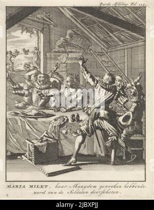 Maria Milet est assise avec plusieurs soldats autour d'une table. Maria tue un soldat avec un couteau pendant le repas ce. Elle a probablement été violée par des soldats espagnols lors de la capture de Maastricht le 29 juin 1579. En arrière-plan elle est exécutée, Maria Milet prend la revanche sur les soldats, 1579 Maria Milet, ayant avenged sa virginité, est tourné par les soldats, imprimeur: Caspar Luyken, (mentionné sur l'objet), éditeur: Jan Claesz ten Hoorn, Amsterdam, 1699, papier, gravure, h 192 mm × l 150 mm Banque D'Images