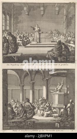 Deux représentations sur une diapositive. Ci-dessus : devant un autel, un prêtre prêche à la communauté des premiers chrétiens. Ci-dessous : l'intérieur d'une église. Sur la chaire se trouve Paul de Samosata. Il prêche haughtily à la première communauté chrétienne, Sermon par un prêtre à un autel et Paul de Samosata prêchant à la première communauté chrétienne Une réunion où quelqu'un se tient à la table ou à l'autel prêchant / Paul le Samoserzer prêchant d'une manière haughty , imprimeur: Jan Luyken, (mentionné sur l'objet), libraire: Barent Visscher, éditeur: Jacobus van Hardenberg, 1700, papier, gravure, h 274 Banque D'Images