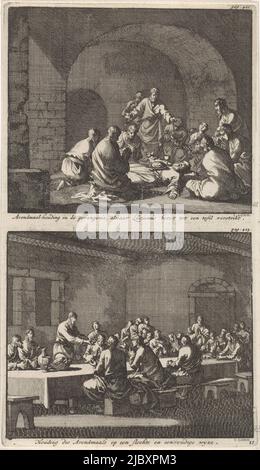 Deux représentations sur une diapositive. Ci-dessus: Dans la prison d'Antioch Saint Lucianus est enchaîné au sol. Il utilise sa poitrine comme table et bénit le pain et le vin qui y sont placés. Ainsi, il célèbre le dîner du Seigneur avec les autres prisonniers assis autour de lui. Ci-dessous: Célébration du dernier souper par les premiers chrétiens. Autour d'une longue table les fidèles sont assis tandis que l'un d'eux brise le pain., Saint Lucian célèbre la Cène du Seigneur en prison et la simple célébration de la posture de la Cène du Seigneur en prison / posture de la Cène du Seigneur d'une manière pauvre et simple , imprimer Banque D'Images