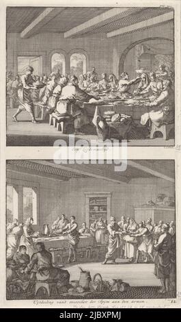 Deux représentations sur une diapositive. Ci-dessus: La congrégation des premiers chrétiens partageant un repas à une grande table. Ci-dessous: Après un repas les premiers chrétiens distribuent la nourriture restante aux pauvres de la communauté, repas communal entre chrétiens et la distribution de la nourriture aux pauvres Un dîner d'amour / distribution de l'excédent de nourriture aux pauvres , fabricant d'impression: Jan Luyken, (mentionné sur l'objet), éditeur: Jacobus van Hardenberg, libraire: Jacobus van Nieuweveen, Amsterdam, 1700, papier, gravure, h 275 mm × l 160 mm Banque D'Images