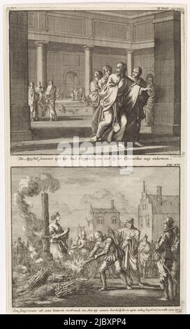 Deux représentations sur une diapositive. Ci-dessus: L'apôtre Jean fuit avec quelques amis des bains d'Éphèse, quand il remarque l'hérétique Cerinthus parmi les baigneurs. Ci-dessous: Une femme est brûlée comme hérétique parce qu'elle n'a pas répondu aux avances d'un clergyman. Le bourreau allume le pyre funéraire avec une torche, Jean et l'hérétique Cerinthus dans la salle de bain et la combustion d'une femme innocente l'Apôtre Jean du bain courant parce qu'il a vu Cerinthus venir / Une jeune femme brûlée comme hérétique parce qu'elle ne ferait pas plaisir à un churchman dans son onkuysheyd , producteur d'impression: Jan Luyken, ( Banque D'Images