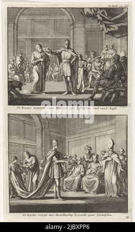Deux représentations sur une diapositive. Ci-dessus: La cour de l'empereur allemand. L'empereur se tient devant un canon et prend son chapeau richement décoré. Ci-dessous: L'empereur allemand se tient devant un archevêque tenant un chapeau richement décoré. Il y pointe et confronte le clergé présent à la richesse et à l'opulence de l'église, L'empereur prend un chapeau richement décoré de canon de lui et affronte l'archevêque avec l'opulence de l'église de Keyzer neemende eenen Domheer zyn kostelycken hoed van 't hoofd / de Keyzer verwyt den Aartsbisschop de przycht Kerkelyken , imprimeur: Jan Banque D'Images