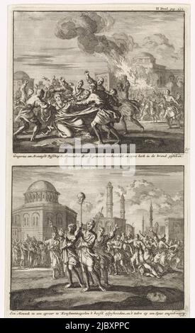 Deux représentations sur une diapositive. Ci-dessus: Au premier plan Gregory, un évêque Arien d'Alexandrie, est maltraité par les citoyens d'Alexandrie. En arrière-plan, son église est incendié. Ci-dessous: Au premier plan plusieurs hommes avec une lance sur laquelle la tête d'un moine est Speared. En arrière-plan, l'émeute de Constantinople et le cadavre décapité du moine..., Gregory, un évêque Arien, est battu par des opposants et un moine est décapité lors d'émeutes à Constantinople Gregory, un évêque Arien à Alexandrie, Est battu par le clergé et son église est brûlée / Un moine dans une émeute à Constantinople a Banque D'Images