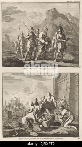 Deux représentations sur une diapositive. Haut : quelques soldats escortant Saint-Jean Chrysostomus à son lieu d'exil. Ci-dessous: Les os de Saint Jean Chrysostome sont enterrés par ses disciples à Constantinople, Saint Jean Chrysostome envoyé en exil et l'enterrement des os de Saint Jean Chrysostome enterré en exil / les os de Chrysostom à Constantinople ., imprimeuse: Jan Luyken, (mentionné sur l'objet), éditeur: Jacobus van Hardenberg, libraire: Barent Visscher, Amsterdam, 1701, papier, gravure, h 272 mm × l 155 mm Banque D'Images