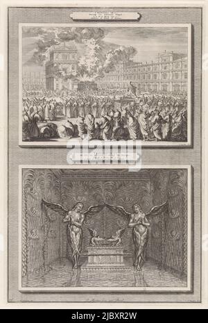 Deux représentations sur une diapositive. Ci-dessus : sur la place en face du Temple de Salomon, le Temple est consacré par des festivités. Le roi Salomon s'agenouille sur une plate-forme. En arrière-plan le temple et un grand autel où les sacrifices sont apportés. Dieu apparaît comme un nuage sombre dans le ciel. Ci-dessous: L'arche de l'alliance dans la salle arrière du temple de Salomon, le plus sacré, sous les ailes des chérubins., dédicace du temple de Salomon et de l'arche de l'alliance I Rois VIII, contre 1: Dédicace du temple de Salomon / I Rois VIII contre 6: L'Arche de l'Alliance , imprimerie: Jan Luyken, ( Banque D'Images