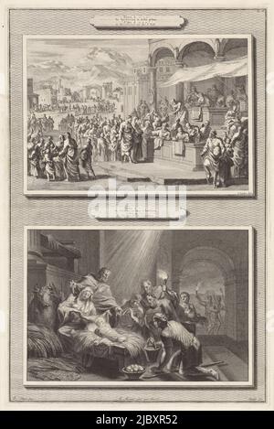 Deux représentations sur une diapositive. Ci-dessus: Le recensement de Bethléem. Des lignes de personnes s'alignent dans un bureau pour que leur nom soit entré dans la caisse. Au premier plan, Marie et Joseph relèvent d'un fonctionnaire qui écrit leurs noms. Ci-dessous : les bergers s'agenouillent devant la mangeoire avec l'enfant Christ. Derrière le mangeur Marie et Joseph, Recensement à Bethléem et adoration des bergers Luc II v.1: L'enquête dans Iudea Done / Luc II v.6: La naissance de Jésus à Bethléem ., Imprimeur: Jan Luyken, (mentionné sur l'objet), Imprimeur: Jacobus Baptist, (mentionné sur l'objet), Ottmar Elliger ( Banque D'Images