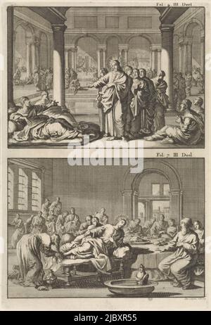 Deux représentations sur une plaque. Ci-dessus : Christ et ses disciples dans le bain de Siloam. Christ est en conversation avec un homme aveugle. Ci-dessous: Dans la maison de Simon le Pharisien, Christ est assis à une table. La femme pécheresse a lavé les pieds du Christ et les assèche maintenant avec ses cheveux., Christ et ses disciples au bain de Siloam et Christ comme invité de Simon le Pharisien, imprimeur: Jan Luyken, (mentionné sur l'objet), Jan Luyken, (mentionné sur l'objet), éditeur: Willem Broedelet, Amsterdam, 1700, papier, gravure, h 272 mm × l 184 mm Banque D'Images