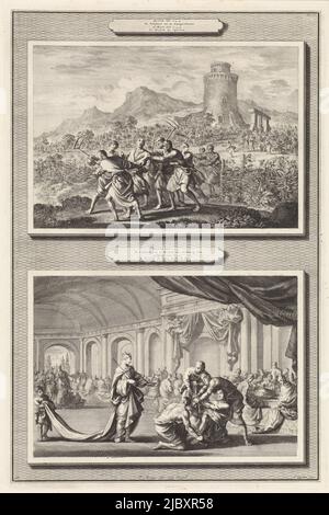 Deux représentations sur une diapositive. Ci-dessus : la représentation de la parabole des locataires du vignoble. Au premier plan, le fils du propriétaire d'un vignoble est assassiné par les locataires. En arrière-plan le vignoble, où l'un des serviteurs du propriétaire fuit des locataires. Ci-dessous: Une scène de la parabole du mariage royal. Un des invités est venu à la fête sans vêtement de mariage. Le roi ordonne à l'invité d'attacher ses mains et ses pieds et du jeter hors de la salle., parabole des locataires du vignoble et parabole du Matth de mariage royal. XXI vs.33: La parabole du Banque D'Images