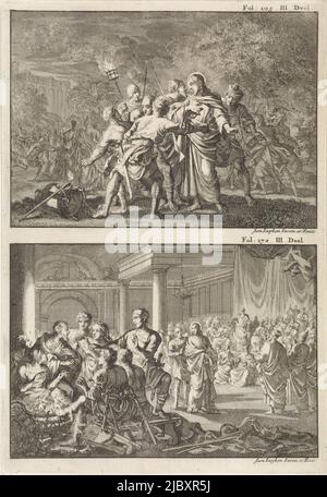 Deux représentations sur une plaque. Ci-dessus : le Christ est capturé par des soldats. En arrière-plan, ses disciples tentent du défendre. Ci-dessous: Pierre se réchauffe avec quelques autres à un canon de feu et nie son amitié avec le Christ. En arrière-plan, Christ est conduit loin., arrestation de Christ et Pierre nie Christ, imprimeur: Jan Luyken, (mentionné sur l'objet), Jan Luyken, (mentionné sur l'objet), éditeur: Willem Broedelet, Amsterdam, 1700, papier, gravure, h 273 mm × l 188 mm Banque D'Images