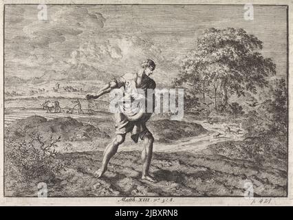 Parabole of the Sower and the Kingdom of Heaven, imprimeur: Jan Luyken, éditeur: Pieter Mortier (I), imprimeur: Haarlem, éditeur: Amsterdam, 1703 - 1762, papier, gravure, impression typographique, h 110 mm × l 158 mm Banque D'Images