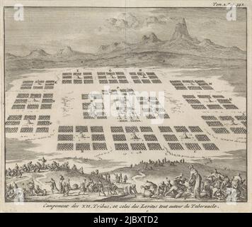 Campements de tentes des douze tribus d'Israël installés autour du Tabernacle Camping des XII Tribus, et celui des Levites tout autour du Tabernacle , imprimerie: Jan Luyken, éditeur: Pieter Mortier (I), Amsterdam, 1705, papier, gravure, h 146 mm × l 173 mm Banque D'Images