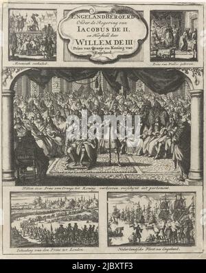 Feuille avec cinq représentations du soulèvement en Angleterre dans les années 1688-1689, le roi central William III assisté à une session du Parlement, William III comme roi assiste à une session du Parlement, 1689 page de titre pour: L'Angleterre a remué sous le règne du roi James II Et restauré par William et Mary, prince et princesse d'Orangie, 1689, imprimerie: Jan Luyken, éditeur: Jan Claesz ten Hoorn, Amsterdam, 1689, papier, gravure, h 179 mm × l 144 mm Banque D'Images