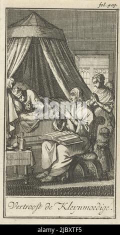Imprimer en haut à droite : fol. 409., priant des personnages au chevet d'une personne malade Vertroost de Kleynmoedige , imprimerie: Jan Luyken, éditeur: Barent Bos, imprimerie: Amsterdam, éditeur: Rotterdam, 1693, papier, gravure, impression typographique, h 118 mm × l 64 mm Banque D'Images
