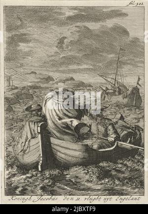 Le vol du roi James II de nuit depuis Londres, le 20 décembre 1688. Imprimé marqué haut droit: fol: 301., Flight of King James II, 1688 Koningh Jacobus den II vlught uijt Engelant , imprimerie: Jan Luyken, éditeur: Jan Claesz ten Hoorn, Amsterdam, 1689, papier, gravure, h 182 mm × l 132 mm Banque D'Images