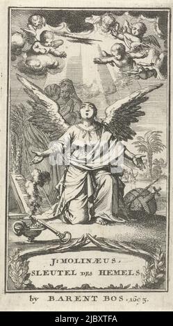 Angel raies à Dieu avec des armes propagation page titre pour: J. Molinaeus, Key of Heaven or Christelyk prière book, 1693, imprimerie: Jan Luyken, éditeur: Barent Bos, (mentionné sur l'objet), imprimerie: Amsterdam, éditeur: Rotterdam, 1693, papier, gravure, h 115 mm × l 65 mm Banque D'Images