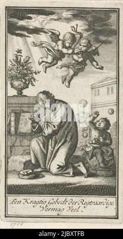 Kneeling Man in Prayer Un Mighty Prayer des Righteous abounds , imprimeur: Jan Luyken, éditeur: Barent Bos, imprimeur: Amsterdam, éditeur: Rotterdam, 1714, papier, gravure, impression typographique, h 115 mm × l 64 mm Banque D'Images