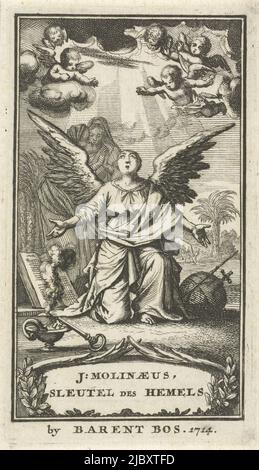 Angel prie Dieu avec les armes de propagation page titre pour: J. Molinaeus, Key of Heaven or Christian Prayer Book, 1714, imprimerie: Jan Luyken, éditeur: Barent Bos, (mentionné sur l'objet), imprimerie: Amsterdam, éditeur: Rotterdam, 1714, papier, gravure, h 116 mm × l 66 mm Banque D'Images