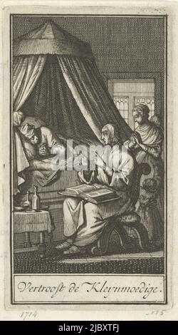 Les personnages qui prient au chevet d'une personne malade réconfortent l'humble , imprimeur: Jan Luyken, éditeur: Barent Bos, imprimeur: Amsterdam, éditeur: Rotterdam, 1714, papier, gravure, impression typographique, h 115 mm × l 64 mm Banque D'Images