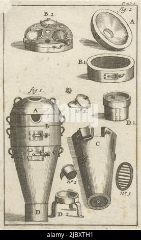 Imprimer en haut à droite : fol. 472., Distiling appareil et plusieurs parties de lui séparément, imprimerie: Jan Luyken, éditeur: Jan Claesz Ten Hoorn, Amsterdam, 1693, papier, gravure, h 136 mm × l 84 mm Banque D'Images