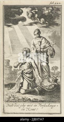 Imprimer en haut à droite : fol. 320., homme de prière assisté par la foi priant que vous ne serez pas dans la recherche et sauvetage , imprimeur: Jan Luyken, éditeur: Barent Bos, imprimeur: Amsterdam, éditeur: Rotterdam, 1693, papier, gravure, impression typographique, h 117 mm × l 65 mm Banque D'Images