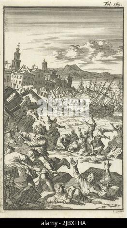 Imprimer en haut à droite : FOL. 165., le tremblement de terre, imprimerie: Jan Luyken, (mentionné sur l'objet), éditeur: Barent Bos, imprimerie: Amsterdam, éditeur: Rotterdam, 1694, papier, gravure, h 132 mm × l 77 mm Banque D'Images