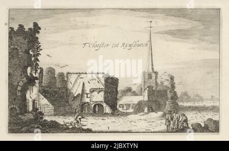 Ruine de l'abbaye de Rijnsburg, au premier plan gauche un homme avec un chien et à droite trois personnages conversant. Troisième impression d'une série de six, vue des ruines de l'abbaye de Rijnsburg T'Closter tot Rijnsburch Castles (titre de la série), imprimerie: Jan van de Velde (II), éditeur: Robert de Baudous, pays-Bas du Nord, 1616, papier, gravure, h 135 mm × l 226 mm Banque D'Images