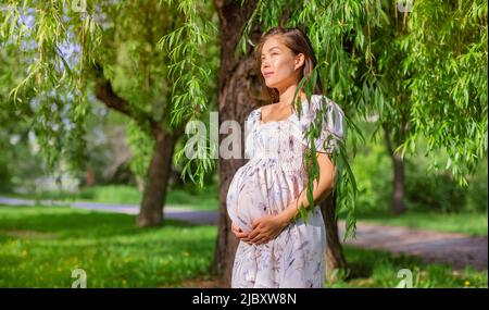 Femme de beauté asiatique enceinte dans le parc d'été. Grossesse naturelle fille portant des vêtements de maternité dans la nature paysage fond Banque D'Images