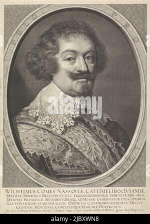 Portrait de William dans un ovale avec le lettrage de bord. Dans la marge inférieure, cinq lignes de texte latin., Portrait de Guillaume, comte de Nassau-Siegen, imprimerie: Willem Hondius, (mentionné sur l'objet), après: Isaac Mijtens, (mentionné sur l'objet), inconnu, (Mentionné sur objet), la Haye, 1630, papier, gravure, gravure, h 422 mm × l 299 mm Banque D'Images