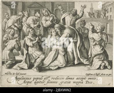 Susanna et les membres de sa famille s'agenouillent et ont leurs bras élevés au ciel. Dans la marge, une légende à deux lignes en latin. Sixième édition d'une série de six sur l'histoire de Susanna., Susanna et ses parents louent Dieu l'histoire de Susanna (titre de la série), imprimeur: Crispijn van de passe (I), (mentionné sur l'objet), Maerten de Vos, (mentionné sur l'objet), éditeur: Crispijn van de passe (I), (mentionné à l'objet), Anvers, 1574 - 1637, papier, gravure, h 98 mm × l 128 mm Banque D'Images