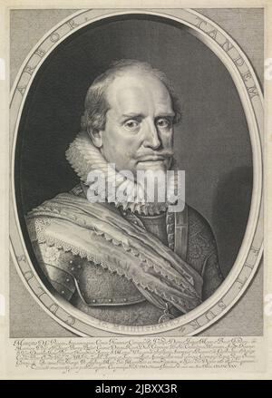 Portrait de Maurice dans un cadre ovale avec inscription sur les bords. En marge inférieure, six lignes d'inscription latine., Portrait de Maurice, Prince d'Orange, imprimerie: Willem Jacobsz. Delff, (mentionné à l'objet), après: Michiel Jansz van Mierevelt, (mentionné à l'objet), Maurits (prins van Oranje), (mentionné à l'objet), Delft, 1625, papier, gravure, gravure, h 424 mm × l 299 mm Banque D'Images