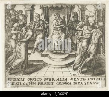 Dans la salle d'audience, Daniel accuse les anciens du parjure et le prouve en interrogeant chacun d'eux séparément. Ils sont reconnus coupables et retirés. L'impression comporte une légende latine. La série dépeint l'histoire de Susanna (Daniel 13:1-64), Daniel condamne les anciens Histoire de Susanna (titre de la série), imprimeur: Abraham de Bruyn, (mentionné sur l'objet), Anvers, 1570, papier, gravure, h 70 mm × l 85 mm Banque D'Images