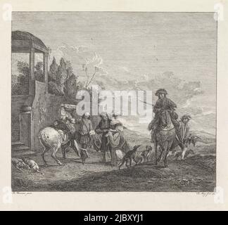 Près d'un champignon se trouve un cavalier avec un pied dans l'étrier. À côté de lui se trouvent un homme et une femme. A droite un homme à cheval et un falconer. Entre les figures plusieurs chiens de chasse, à droite un mur, une canopée et des escaliers. Début de la chasse, imprimeur: Robbert Muys, (mentionné sur l'objet), après: Philips Wouwerman, (mentionné sur l'objet), Rotterdam, 1761, papier, gravure, h 246 mm × l 265 mm Banque D'Images