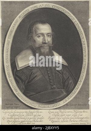 Portrait de Constantijn van Oppyck l'Empereur, professeur de théologie à l'Université de Leiden et conseiller du comte Johan Maurits, à l'âge de 50 ans en marge deux versets à quatre lignes en latin, Portrait de Constantijn van Oppyck l'Empereur, imprimeur: Jonas Suyderhoef, (mentionné sur l'objet), après : David Baudringien, (mentionné sur l'objet), Antonius Thysius, (Mentionné sur l'objet), imprimerie: Haarlem, éditeur: Amsterdam, 1673 - 1709, papier, gravure, h 322 mm × l 236 mm Banque D'Images