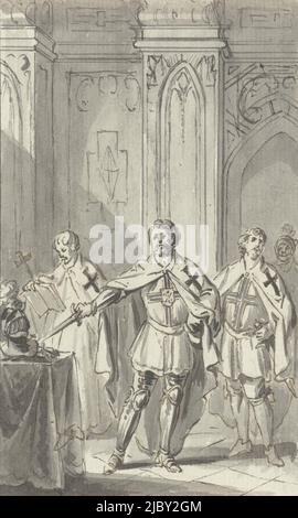 Chevaliers de la Croix d'Allemagne, 1180, Jacobus achète, 1781 - 1783, intérieur avec trois chevaliers allemands et un ecclésiaste, 1180. Design pour une impression., dessinateur: Jacobus Buys, 1781 - 1783, papier, stylo, brosse, h 150 mm × l 90 mm Banque D'Images