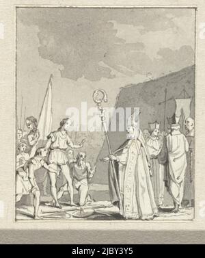 En 't an 1138, anonyme, c. 1789 - c. 1810, Groupe d'hommes devant un évêque, en l'an 1138. Possiblement Dirk VI, comte de Holland et évêque d'Utrecht., rapporteur pour avis: Anonyme, rapporteur pour avis: Jacques Kuyper, (attribution rejetée), pays-Bas, c. 1789 - c. 1810, papier, stylo, pinceau, h 65 mm × l 55 mm Banque D'Images