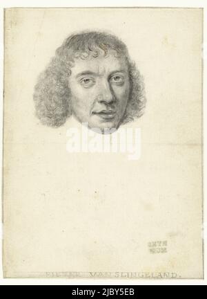 Portrait d'un inconnu, dessinateur: Pieter Cornelisz. Van Slingelandt, (éventuellement), 1650 - 1691, papier, stylo, h 206 mm × l 153 mm, h 80 mm × l 85 mm Banque D'Images