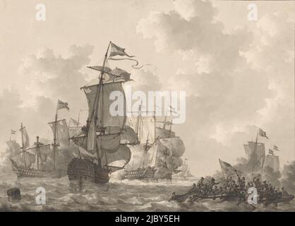 Bataille navale à Kamperduin, 1797 ans, Johannes Christiaan Schotel, 1800 - 1838, bataille navale à Kamperduin sur 11 octobre 1797 entre la flotte Bataviale commandée par le Vice-amiral Jan Willem de Winter et une flotte britannique sous la direction de l'amiral Adam Duncan. Au premier plan deux navires néerlandais et britanniques très malmenés., rapporteur pour avis: Johannes Christiaan Schotel, pays-Bas, 1800 - 1838, papier, PEN, brosse, h 344 mm × l 484 mm Banque D'Images