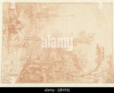 Paysage arcadien avec des figures près d'un Obélisque, dessinateur: Johannes Glauber, c. 1674 - c. 1695, papier, h 340 mm × l 250 mm Banque D'Images