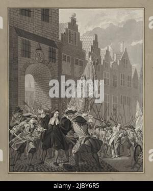 Mort des frères de Witt, 1672, anonyme, 1775 - 1799, Johan et Cornelis de Witt sont pris de la porte de la prison de la Haye et tués dans la rue par la foule en colère, 20 août 1672. Les soldats portent la bannière du Prince William III., rapporteur pour avis: Anonyme, rapporteur pour avis: Jan Stolker, (peut-être), pays-Bas du Nord, 1775 - 1799, papier, h 373 mm × l 306 mm Banque D'Images