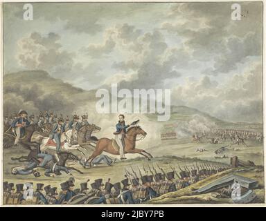 Prince of Orange les troupes hollandaises à quatre-bras, 1815, anonyme, 1815, William Frederick George, Prince d'Orange, dirige les troupes néerlandaises contre une attaque française pendant la bataille de quatre-bras, 16 juin 1815. Centralise le prince d'Orange à cheval, derrière lui hussars de Brunswick, dans l'infanterie de premier plan avançant. À droite, le français approche., rapporteur pour avis: Anonyme, pays-Bas, 1815, papier, stylo, brosse, h 435 mm × l 558 mm Banque D'Images
