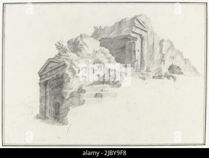 Tombeau ou tombeaux avec des colonnes doriques sculptées dans le rocher et situé à une distance de 2 miles de Syracuse, Louis Mayer, 1778, dessin de l'album 'Voyage en Italie, en Sicile et à Malte', 1778., dessinateur: Louis Mayer, 1778, papier, h 180 mm × l 256 mm Banque D'Images