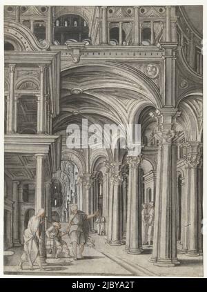 Peter heals l'homme boiteux dans le temple, Aertgen Claesz van Leyden, 1508 - 1564, dessinateur: Aertgen Claesz van Leyden, 1508 - 1564, papier, stylo, pinceau, h 402 mm × l 298 mm Banque D'Images