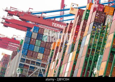 Hambourg, Allemagne. 08th juin 2022. Trois navires à conteneurs sont entièrement chargés à Burchardkai à Waltershof. Pour la première fois depuis des décennies, une grève d'avertissement des dockers dans les principaux ports maritimes allemands menace de paralyser les navires. Credit: Jonas Walzberg/dpa/Alay Live News Banque D'Images