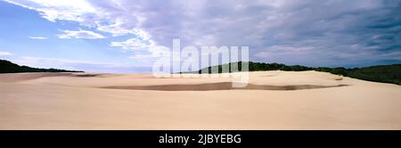 Panorama d'une grande colline de sable s'étendant jusqu'à l'horizon du Bush et du ciel indigènes sur l'île Fraser Banque D'Images