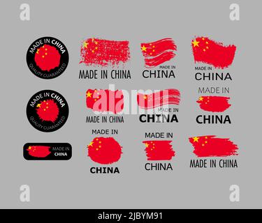 Jeu d'autocollants. Fabriqué en Chine. Traits de pinceau en forme de drapeau chinois. Usine, fabrication et concept de pays de production. Élément de conception pour labe Illustration de Vecteur