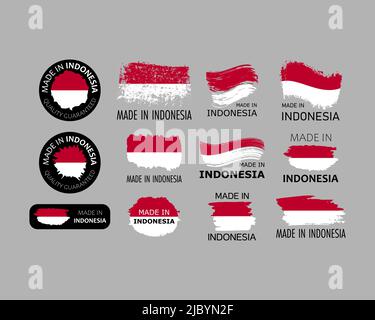 Jeu d'autocollants. Fabriqué en Indonésie. Traits de pinceau en forme de drapeau indonésien. Usine, fabrication et concept de pays de production. Elément de conception f Illustration de Vecteur
