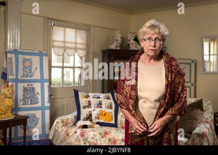 Femme de chat debout dans la salle de séjour décorée Banque D'Images