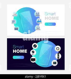 Smart home automation écran tactile applications smartphone contrôle 2 réaliste horizontal blanc noir bannière web illustration vectorielle Illustration de Vecteur