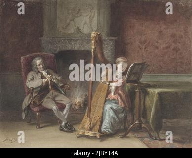 Intérieur avec une fille jouant de la harpe et un homme dans une chaise regardant sur, David Bles, 1831 - 1899, rapporteur pour avis: David Bles, 1831 - 1899, papier, stylo, pinceau, h 224 mm × l 290 mm Banque D'Images