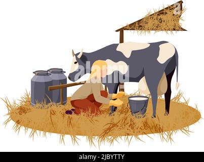 Femme qui traite la vache sur une ferme biologique illustration de vecteur plat Illustration de Vecteur